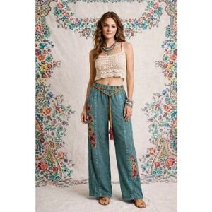 NWT Avani Embroidered Lace Boho Hippie Gypsy Chic Blue Floral Tassel Pants XL